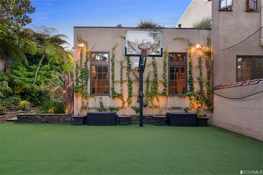 Spacious backyard area with basketball hoop
